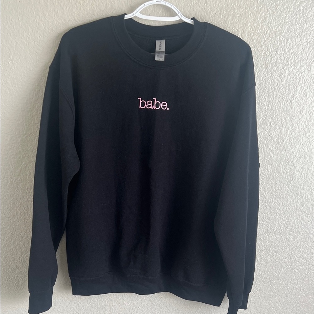 Gildan Black Crewneck Sweatshirt with Pink "babe." Embroidery